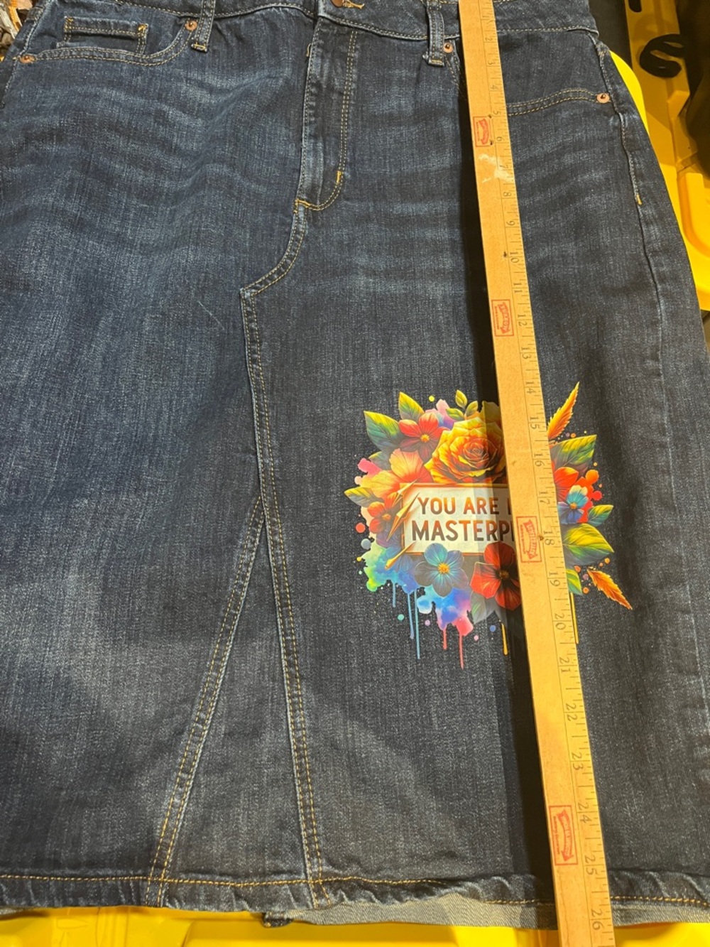 Sonoma Dark Blue Denim Skirt with Colorful Floral Graphic